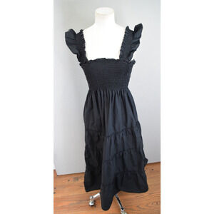 Quince Cotton Smocked Tiered Midi Dress Small Black Sleeveless Ruffle
